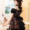 Chinese Style Northeast Big Flower Beautiful Black Bowknot Exquisite Mesh Yarn Classic Lolita Puff Sleeves Slip Dress