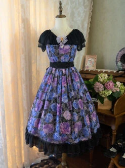 Elegant Floral Print Decoration Jacquard Lace Neckline Bow Pearl Classic Lolita Dress -NAUS Lolita Shop 5 500x672 301