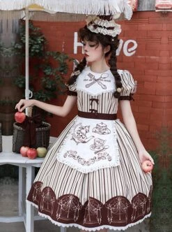 Mera Afternoon Tea Series Classic Exquisite Fork Spoon Embroidery Print Pattern Design Bowknot Decoration Classic Lolita Puff Sleeve Dress Set -NAUS Lolita Shop 5 500x672 312