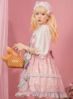 Jennie Bear Diary Series Cute Sweet Pink Ruched Lace Bow Trim White Polka Dots Bear Doll Shape Apron Classic Lolita Short Sleeve Dress -NAUS Lolita Shop 5 500x672 330