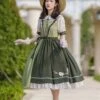 Summer Embroidered Doll Collar Cute Puff Sleeves Green Little Daisy Embroidered Stitching Hem Classic Lolita Short Sleeve Dress