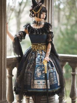 Egyptian Style Gorgeous Elegant Retro Black Cat Print Lace Round Neck Classic Lolita Sleeveless Dress Small Girdle Set -NAUS Lolita Shop 5 500x672 348