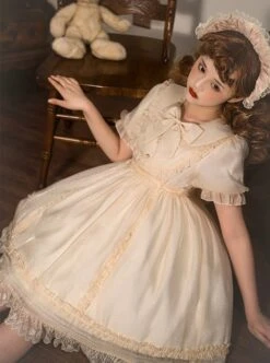 Solid Color Retro Doll Collar Summer Bow Puff Sleeve Lace Hem Classic Lolita Short Sleeve Dress -NAUS Lolita Shop 5 500x672 35