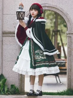 Stand Collar False Two Piece Design Lantern Sleeve Embroidered Lace Hem Dress Plush Hooded Cloak Christmas Classic Lolita Long Sleeve Dress Set -NAUS Lolita Shop 5 500x672 353