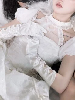 Butterfly Bone Series Pure White Dark Pattern Jacquard Texture Ruffles Embroidered Butterfly Lace Classic Lolita Puff Sleeves Dress OP -NAUS Lolita Shop 5 500x672 357