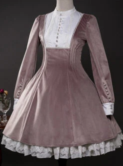 Velour Long Sleeve Pearl Buttons Classic Lolita Dress -NAUS Lolita Shop 5 500x672 362