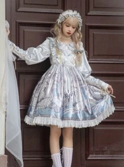 Cute Lace Doll Collar Lamb Leg Sleeves Lace-Up Design Reflective Satin Print Classic Lolita Long Sleeve Dress -NAUS Lolita Shop 5 500x672 366