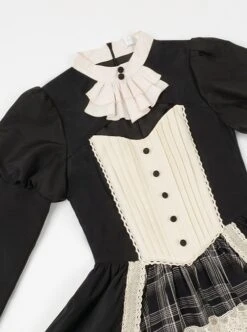 White Night Notes Series French Romance Retro Black Hollow Plaid Pattern Classic Lolita Puff Sleeves Dress Knitted Cape Set -NAUS Lolita Shop 5 500x672 368