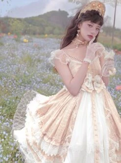 Moon Cage Yarn Series JSK Chest Pearl Pendant Layered Lace Big Hem Matching Hair Crown Necklace Gorgeous Court Classic Lolita Sling Dress -NAUS Lolita Shop 5 500x672 369