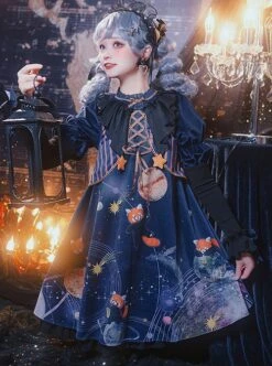 Interstellar Little Bear Series Red Panda Print Stripe Lace-Up Little Star Bowknot Decoration Classic Lolita Long-Sleeved Dress -NAUS Lolita Shop 5 500x672 377