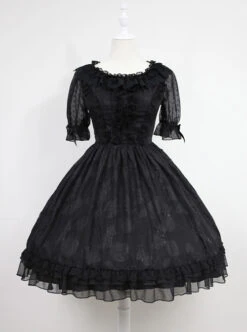 Dark Blue Short Sleeves With Flounce Hemline Lace Dress -NAUS Lolita Shop 5 500x672 382