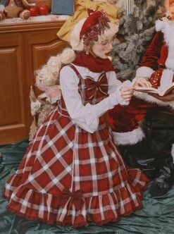 Christmas Eve's Carol Series Red Plaid Sweet Red Bow Simple A-Line Skirt Christmas Classic Lolita Sleeveless Dress -NAUS Lolita Shop 5 500x672 39