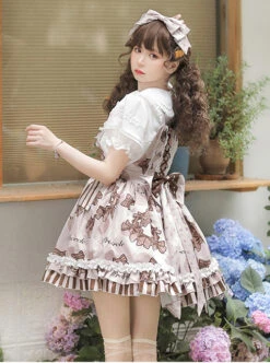 Chocolate Wreath Series Brown Bow Knots Print Pattern Decoration Pleated Lace Doll Neckline Classic Lolita Strap Dress -NAUS Lolita Shop 5 500x672 432