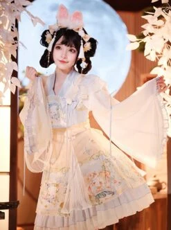 Laurel Prayer Series Chinese Style Cute Rabbit Print Lace Ruffle Skirt Bowknot Decoration Ribbon Sweet Lolita Sleeveless Dress Set -NAUS Lolita Shop 5 500x672 435