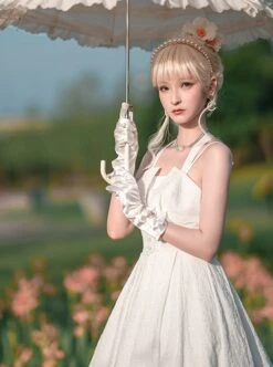 Hepburn Style Elegant White Halterneck Pearl Embellished Simple Jacquard Fabric Classic Lolita Sleeveless Dress -NAUS Lolita Shop 5 500x672 440