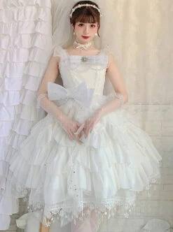 Snow Series JSK Solid Color Layered Pleated Lace Jacquard Star Embroidery Hem Bow Knot Decoration Sequin Pearl Classic Lolita Dress -NAUS Lolita Shop 5 500x672 442