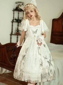 Butterfly Mankong Series Elegant Generous Collar The Clock Butterfly Print Polka Dot Mesh Open Placket Classic Lolita Short-Sleeved Dress -NAUS Lolita Shop 5 500x672 446