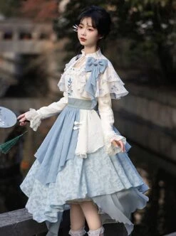 Sea Flowers Series Blue New Chinese Style Wesh Yarn Lace Fake Two Piece Irregular Embroidered Classic Long Sleeves Lolita Dress -NAUS Lolita Shop 5 500x672 447