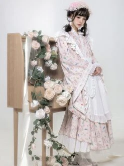 Hanamachi Chronicles Series Japanese Style Pink Kimono Elements Maid Garden Rabbit Printed Classic Lolita Apron Dress Set -NAUS Lolita Shop 5 500x672 448