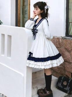 Heart Route Series OP White Sailor Suit V-Neck Design Bow Knots Decoration Long Sleeve Classic Lolita Dress -NAUS Lolita Shop 5 500x672 45