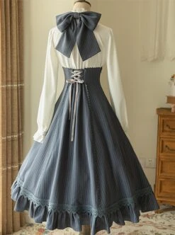 Elegant Slim Fit Detachable Halter Large Bow Striped Pocket Two-Wear Sling Classic Lolita Dress -NAUS Lolita Shop 5 500x672 451