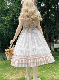 Classic Lolita Lily Of The Valley Flower Print Decoration Ruched Ruffled Hem Lace Bow Knot Slip Dress -NAUS Lolita Shop 5 500x672 453