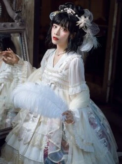 Chinoiserie Vintage Gorgeous Print Bow Lace Fringe Fake Collar Detachable Design Classic Lolita Sleeveless Dress -NAUS Lolita Shop 5 500x672 454