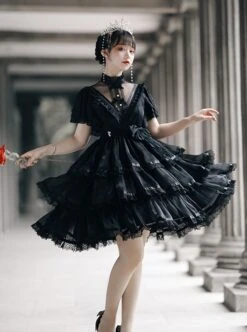 Dawn Banquet Series Elegant Temperament Fairy Three Stages Big Ruffle V Collar Hollow Out Lace Bowknots Classic Lolita Short Sleeves Dress -NAUS Lolita Shop 5 500x672 459