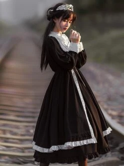Nun Style Black-White Stand-Up Collar Lace Ruffles Large Skirt Classic Lolita Long-Sleeved Dress -NAUS Lolita Shop 5 500x672 469