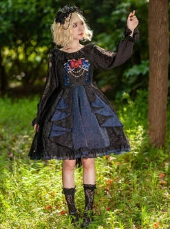 Singer Series Solid Color Pleated Lace Dark Jacquard Trim Neckline Classic Lolita Slip Dress -NAUS Lolita Shop 5 500x672 478