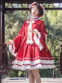 Chinese Style Red Stand Collar Wide Sleeves Detachable Pom Bow-Knot Square Collar Embroidered Vest Classic Lolita Long Sleeve Dress Set -NAUS Lolita Shop 5 500x672 484