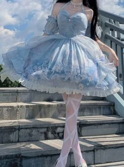 Blue Elegance Open Back Swan Castle Print Bow Lace Bead Chain Necklace Puff Hand Sleeve Classic Lolita Sleeveless Dress -NAUS Lolita Shop 5 500x672 490