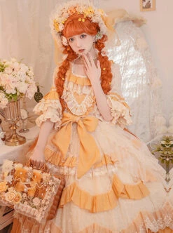 Flower Garden Series OP Apricot Yellow Pastoral Retro Girl Style Delicate Lace Jacquard Trim Classic Lolita Short Sleeve Dress -NAUS Lolita Shop 5 500x672 493