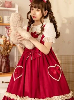 Hawthorn Milk Cover Series Red Cute Daily Lace Bow-Knot Love Heart Decoration Ruffle Hem Classic Lolita Sleeveless Dress -NAUS Lolita Shop 5 500x672 498