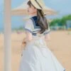 Vintage Navy Style Striped Bow-Knot Lapel Short Sleeve Short Coat Backless Striped Hem Dress Classic Lolita Sleeveless Dress Set