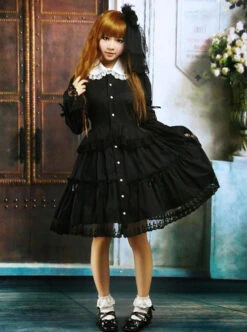 Black Lapel Ruffle Gothic Lolita Long Sleeve Dress -NAUS Lolita Shop 5 500x672 51