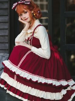 Miss Betty Series Red Vintage Court Bow Lace Ribbon Decorated Ruffle Hem Classic Lolita Sleeveless Dress -NAUS Lolita Shop 5 500x672 516