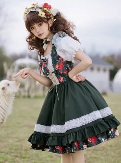Kirino Forest Series Chinese Style Dark Green Northeast Big Flower Pastoral Style Classic Lolita Puff Sleeves Dress -NAUS Lolita Shop 5 500x672 517