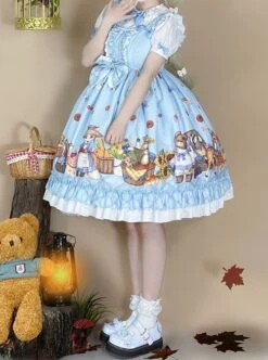 Forest Of Spring Series Cute Animal Pattern Folds Bow Knots Puffed Hem Classic Lolita Sling Dress Set -NAUS Lolita Shop 5 500x672 522