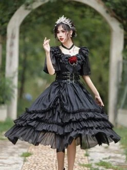 Rose Prayer Series Black Elegant French Backless Metal PU Leather Belt Classic Lolita Short Sleeve Dress -NAUS Lolita Shop 5 500x672 525
