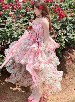 Rose Floral Print Stereoscopic Rose Bowknot Decoration Oversized Bowknot Trailing Design Backless Classic Lolita Sleeveless Dress -NAUS Lolita Shop 5 500x672 529