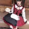 Chinese Style Stand Collar Hollow Black Red Asymmetric Hem Design Lace Puff Sleeves Bowknot Decoration Classic Lolita Long Sleeve Dress