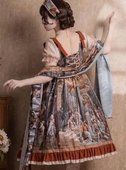 Constantine Series OP Elegant Vintage Oil Painting Print Bow Knots Decoration Classic Lolita Short Sleeve Dress Set -NAUS Lolita Shop 5 500x672 540