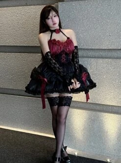 Succubus Rose Style Vintage Elegant Jacquard Lace-Up Bowknot Decoration Sexy Halter Neck Gothic Lolita Sleeveless Dress -NAUS Lolita Shop 5 500x672 574