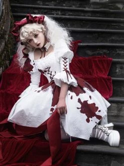 Romeo Series Lacing Stand Collar Chest Hollow Irregular Hem Bloody Gothic Lolita Mid-Sleeved Dress -NAUS Lolita Shop 5 500x672 577