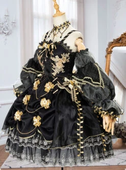 Golden Lily Series JSK Retro Elegant Palace Style Gothic Lolita Black And Golden Sling Dress -NAUS Lolita Shop 5 500x672 580