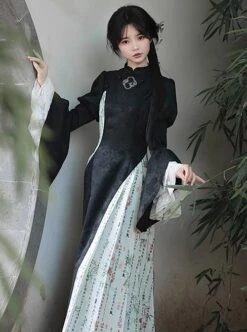 Orchid Pavilion Frosty Moonlit Night Chinese Style Retro Dark Black Witch Sexy Slim Puff Ruffled Sleeves Splice Lace Gothic Lolita Dress Cheongsam -NAUS Lolita Shop 5 500x672 585