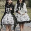 Adjustable Shoulder Strap V Type Lace Neckline Design Butterfly Magic Print Irregular Black Net Yarn Hem Gothic Lolita Sleeveless Dress