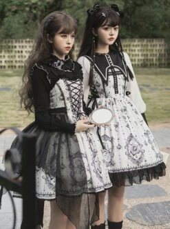 Personality Pointed Teeth Collar Design Leg Of Lamb Sleeve Butterfly Magic Print Black White Gothic Lolita Long-Sleeved Dress -NAUS Lolita Shop 5 500x672 601