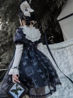 Lace Stitching Round Neck Butterfly Embroidery Cute Puff Sleeve Butterfly Print Daily Simple Gothic Lolita Short Sleeve Dress -NAUS Lolita Shop 5 500x672 603